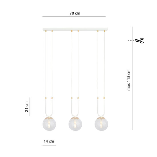 Suspension Aarhus blanche à 3 lampes avec verre ambré E14 largeur 70 cm