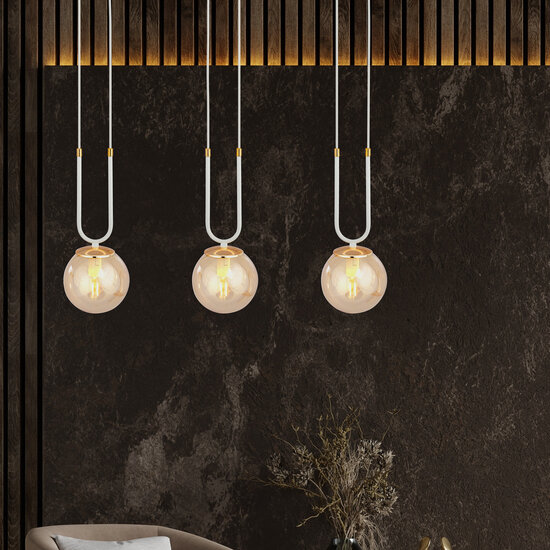 Lámpara colgante Aarhus blanca de 3 lámparas con cristal ámbar E14 70 cm de ancho