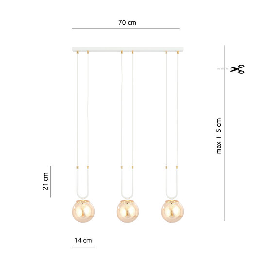 Aarhus white 3 lamp hanging lamp with amber glass E14 70 cm width
