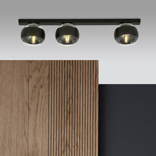 Plafonnier long noir Aalborg avec 3 ampoules rayées transparentes E14