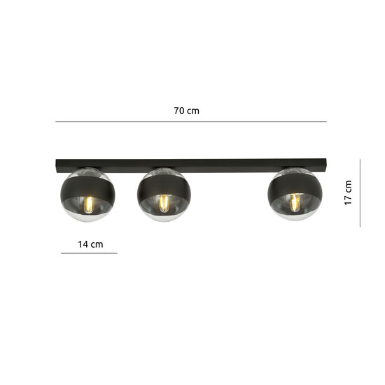 Aalborg long black ceiling lamp with 3 transparent striped bulbs E14
