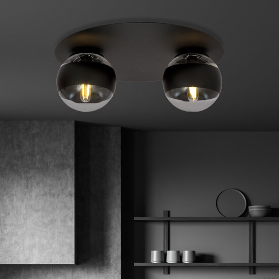 Esbjerg leuke zwarte dubbele plafondlamp met 2 gestreepte bollen E14