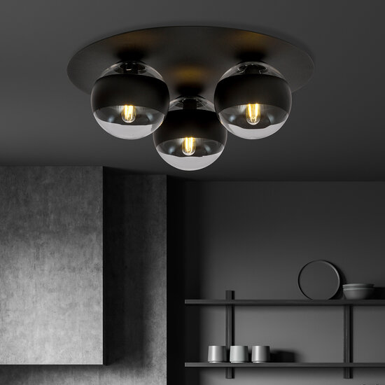 Emibig Emibig Esbjerg leuke zwarte triple plafondlamp met 3 gestreepte bollen E14 - Perfect voor sfeervolle verlichting in elke ruimte