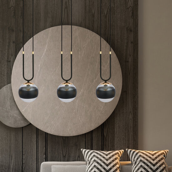 Aarhus 3 lamp black with striped glass E14 long hanging lamp 70 cm width