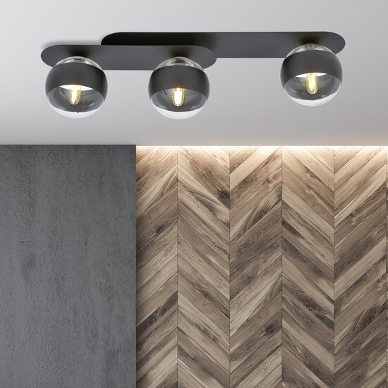Randers elegant black triple oval ceiling lamp with 3 striped glass bulbs E14