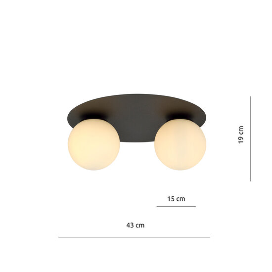 Esbjerg plafón doble negro con 2 bombillas de cristal opal blanco E14