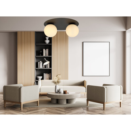 Esbjerg plafón doble negro con 2 bombillas de cristal opal blanco E14