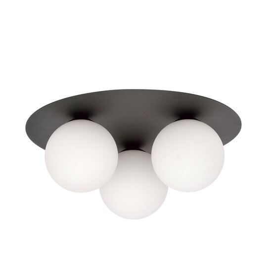 Plafonnier triple Esbjerg noir avec 3 ampoules en verre opale blanc E14