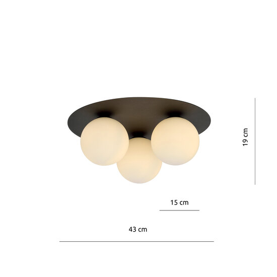 Plafonnier triple Esbjerg noir avec 3 ampoules en verre opale blanc E14