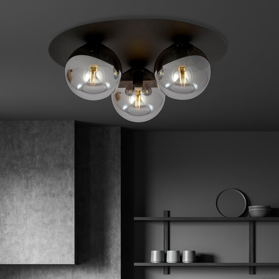 Esbjerg lámpara de techo triple negra con 3 bombillas ahumadas E14