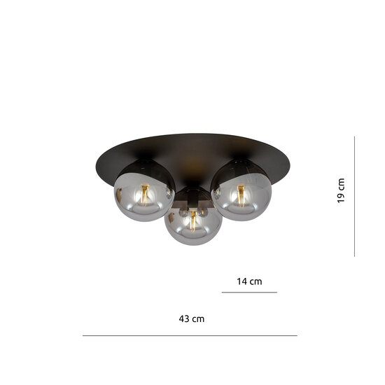 Esbjerg lámpara de techo triple negra con 3 bombillas ahumadas E14