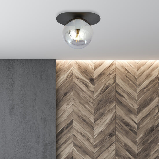 Randers zwarte ovale plafondlamp met gerookte glazen bol E14