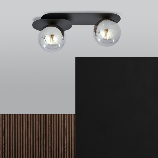 Randers black double oval ceiling lamp with 2 fumed glass bulbs E14