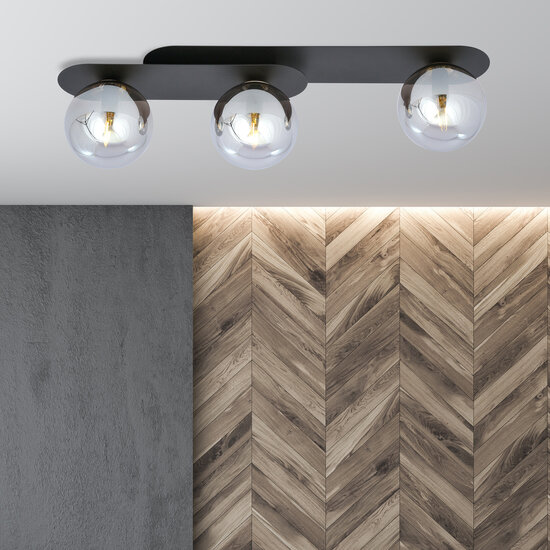 Randers zwarte triple ovalen plafondlamp met 3 gerookte glazen bollen E14