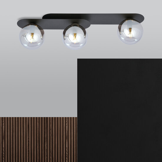 Randers black triple oval ceiling lamp with 3 smoked glass bulbs E14