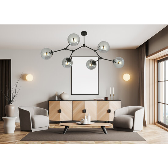 Lampe suspendue Viborg en forme de branche avec 6 ampoules fumées E14