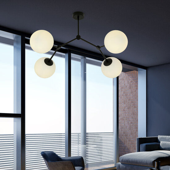 Viborg mooie hanglamp met 4 takken en witte glazen bollen E14