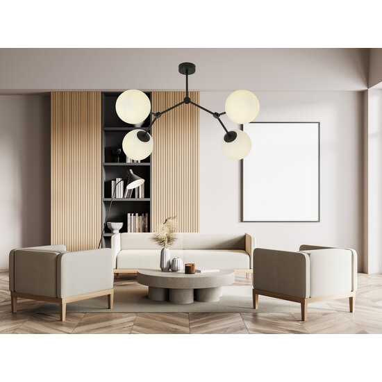 Viborg mooie hanglamp met 4 takken en witte glazen bollen E14