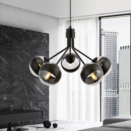 Emibig Emibig Kolding zwart gestreepte 5 lamp hanglamp glazen bollen E14 - Perfecte verlichting voor jouw woonkamer