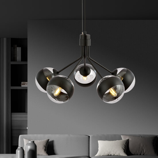 Emibig Emibig Kolding black striped 5 lamp hanging lamp glass balls E14 - Ideal lighting for your living room