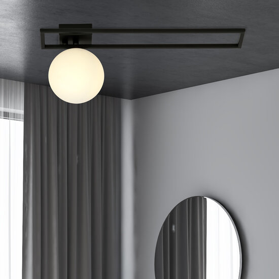 Herning lange design plafondlamp zwart met witte opaal glas bol E14