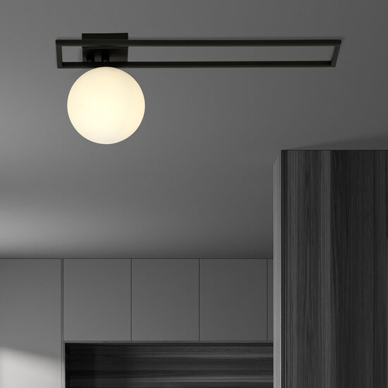 Herning long design ceiling lamp black with white opal glass ball E14