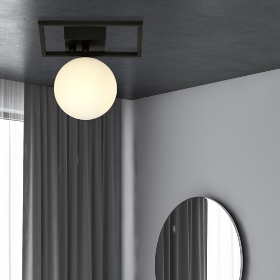 Herning kleine design plafondlamp zwart met witte opaal glas bol E14
