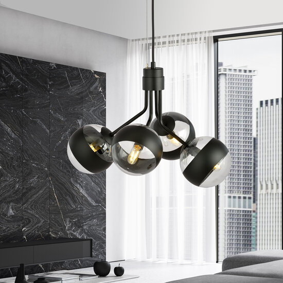 Emibig Emibig Kolding zwart getreepte 4 lamps hanglamp glas bollen voor E14 lamp - Creëer een sfeervolle ambiance in uw ruimte