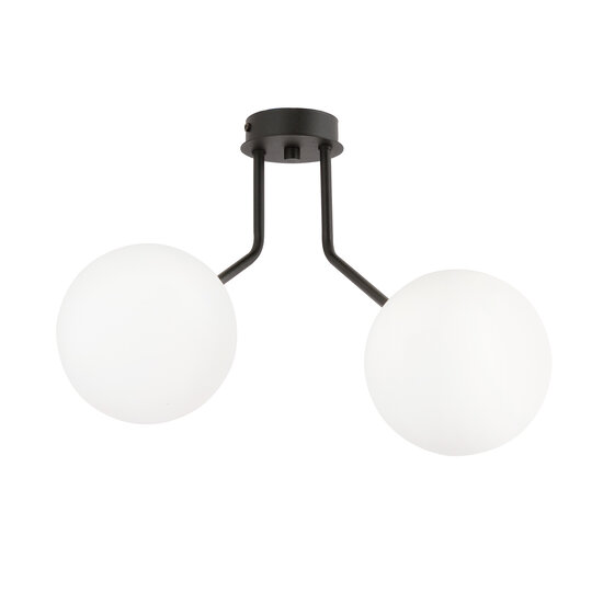 Plafonnier Kolding noir avec 2 ampoules rondes en verre blanc pour lampe E14