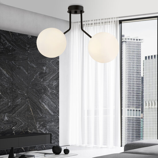 Plafonnier Kolding noir avec 2 ampoules rondes en verre blanc pour lampe E14