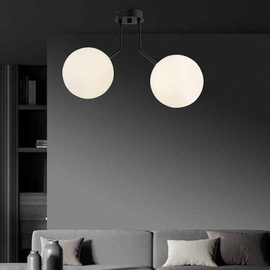 Plafonnier Kolding noir avec 2 ampoules rondes en verre blanc pour lampe E14