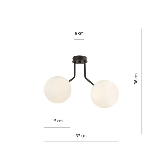 Plafonnier Kolding noir avec 2 ampoules rondes en verre blanc pour lampe E14