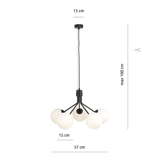 Emibig Emibig Kolding zwarte 5 lamp hanglamp witte glazen bollen bollen E14 - Perfecte verlichting voor elke ruimte