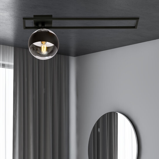 Roskilde lange design plafondlamp zwart met gestreept glas bol E14