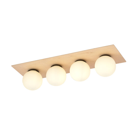 Plafonnier scandinave Slagelse long 4 lampes en laiton doré avec boules en verre opale E14