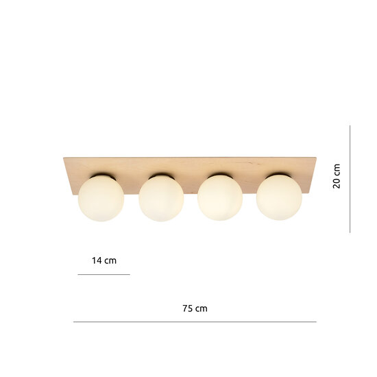 Plafonnier scandinave Slagelse long 4 lampes en laiton doré avec boules en verre opale E14