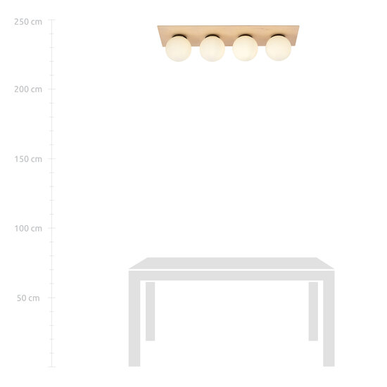 Plafonnier scandinave Slagelse long 4 lampes en laiton doré avec boules en verre opale E14