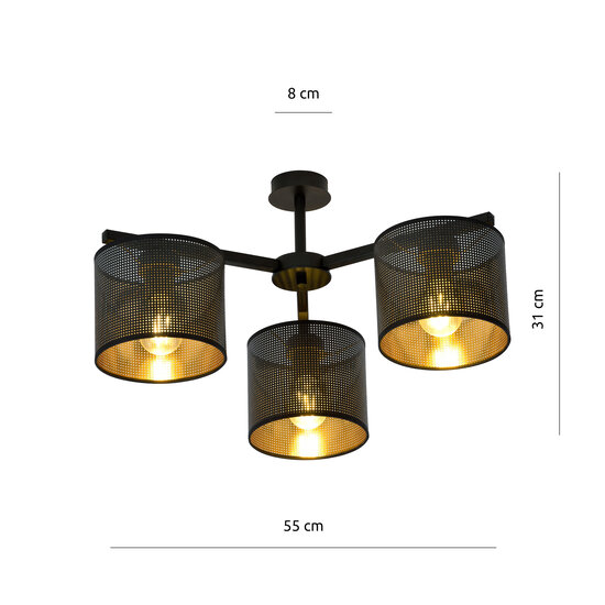 Emibig Emibig Lámpara de techo Gentofte dorada y negra con 3 pantallas de metal E27 - Iluminación perfecta para cualquier espacio