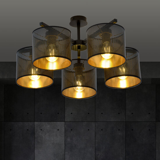 Gentofte gouden en zwarte grote plafondlamp 5 metalen kappen E27