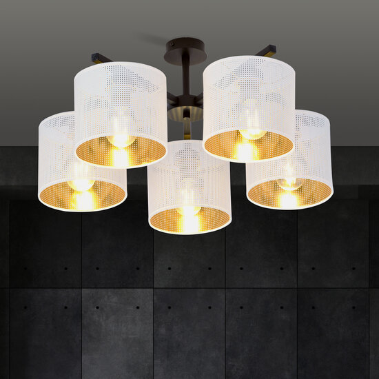 Emibig Emibig Gran lámpara de techo Gentofte blanca y negra con 5 pantallas de metal E27 - Perfecta para una iluminación elegante en el salón