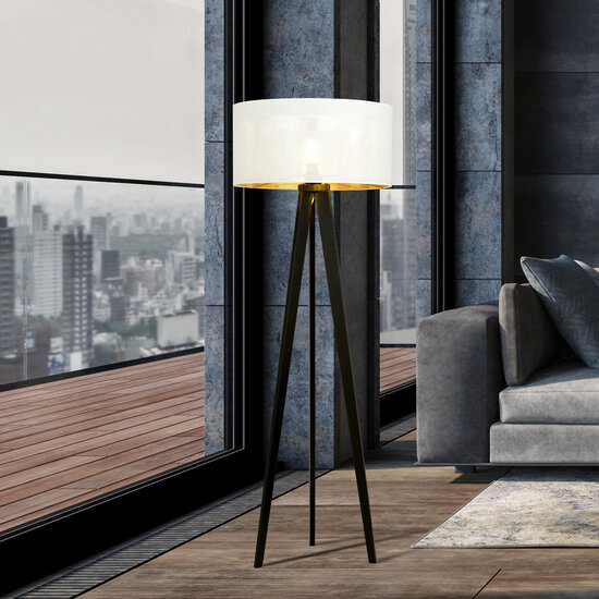 Emibig Emibig Skive 3 poot staande lamp met robuuste textielkap koker 1x E27 wit en goud - Perfect voor elke moderne woonkamer