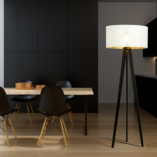 Skive 3 poot staande lamp met robuuste textielkap koker 1x E27 wit en goud