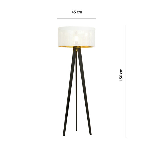 Lampadaire Skive 3 pieds avec tube d'abat-jour en textile robuste 1x E27 blanc et or