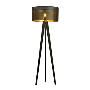 Skive zwart en gouden 3 poot staande lamp met robuuste metalen koker 1x E27