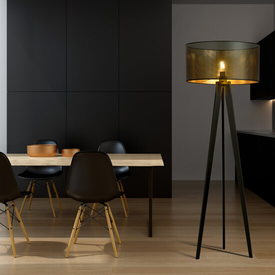 Skive black and gold 3-legged floor lamp with robust metal tube 1x E27