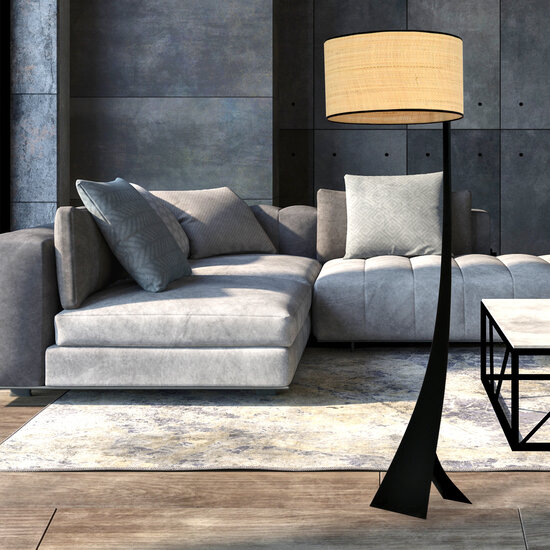 Lampadaire Holstebro noir avec abat-jour textile 1x E27