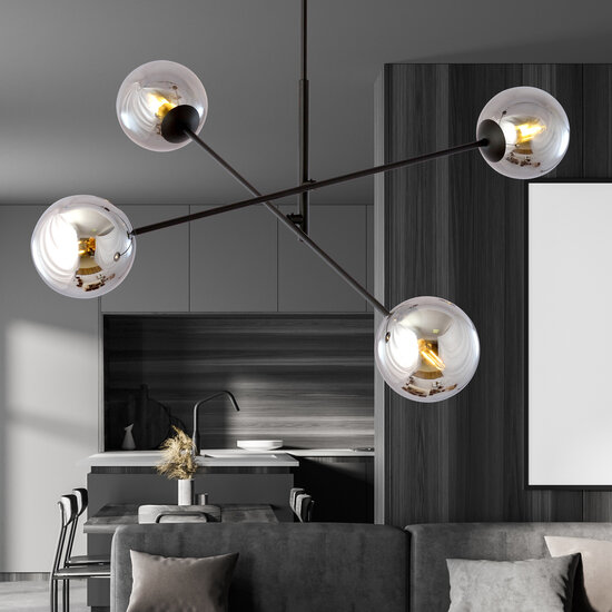 Kalundborg medium hanglamp zwart met 4 glazen gerookt E14