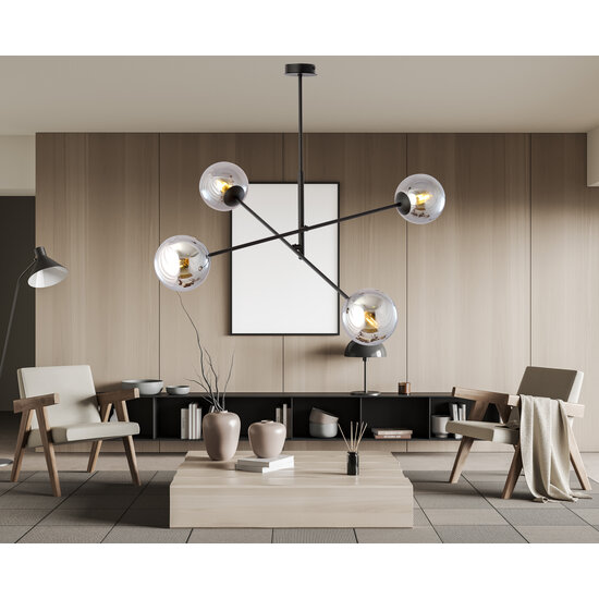 Kalundborg medium hanglamp zwart met 4 glazen gerookt E14