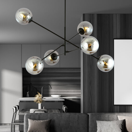 Emibig Emibig Lámpara colgante grande Kalundborg negra con 6 cristales ahumados E14 - Iluminación ideal para cualquier espacio