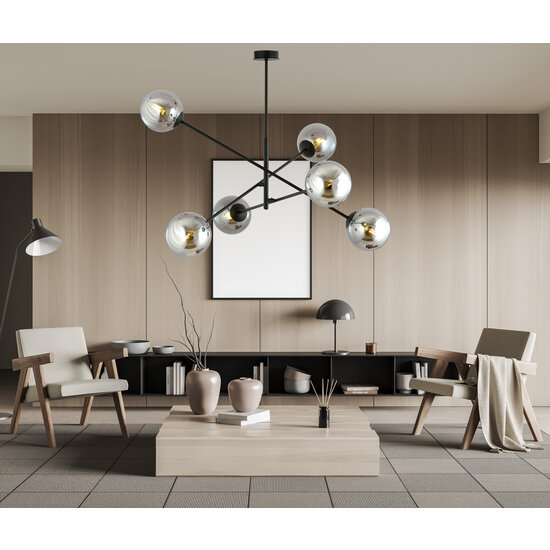 Kalundborg grote hanglamp zwart met 6 glazen gerookt E14